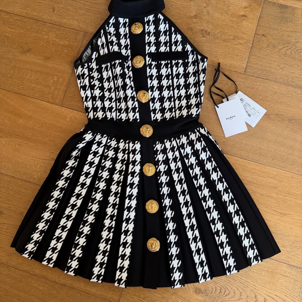 Balmain Elegant Black and White Dress with Gold Accents